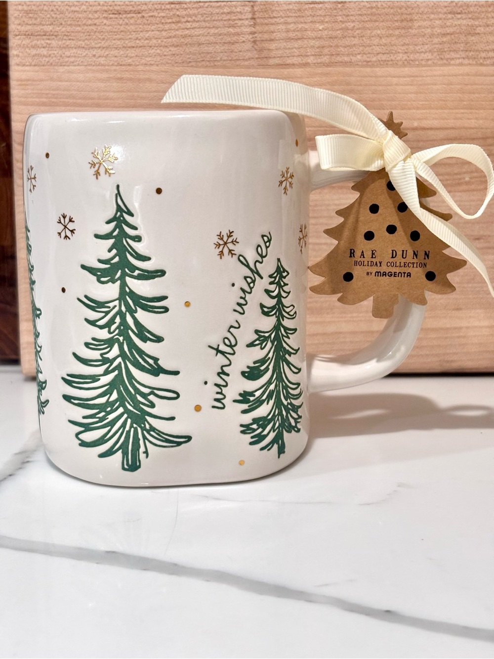 Rae Dunn White Green Coffee Mug Christmas Trees Snowflakes WINTER WISHES NEW